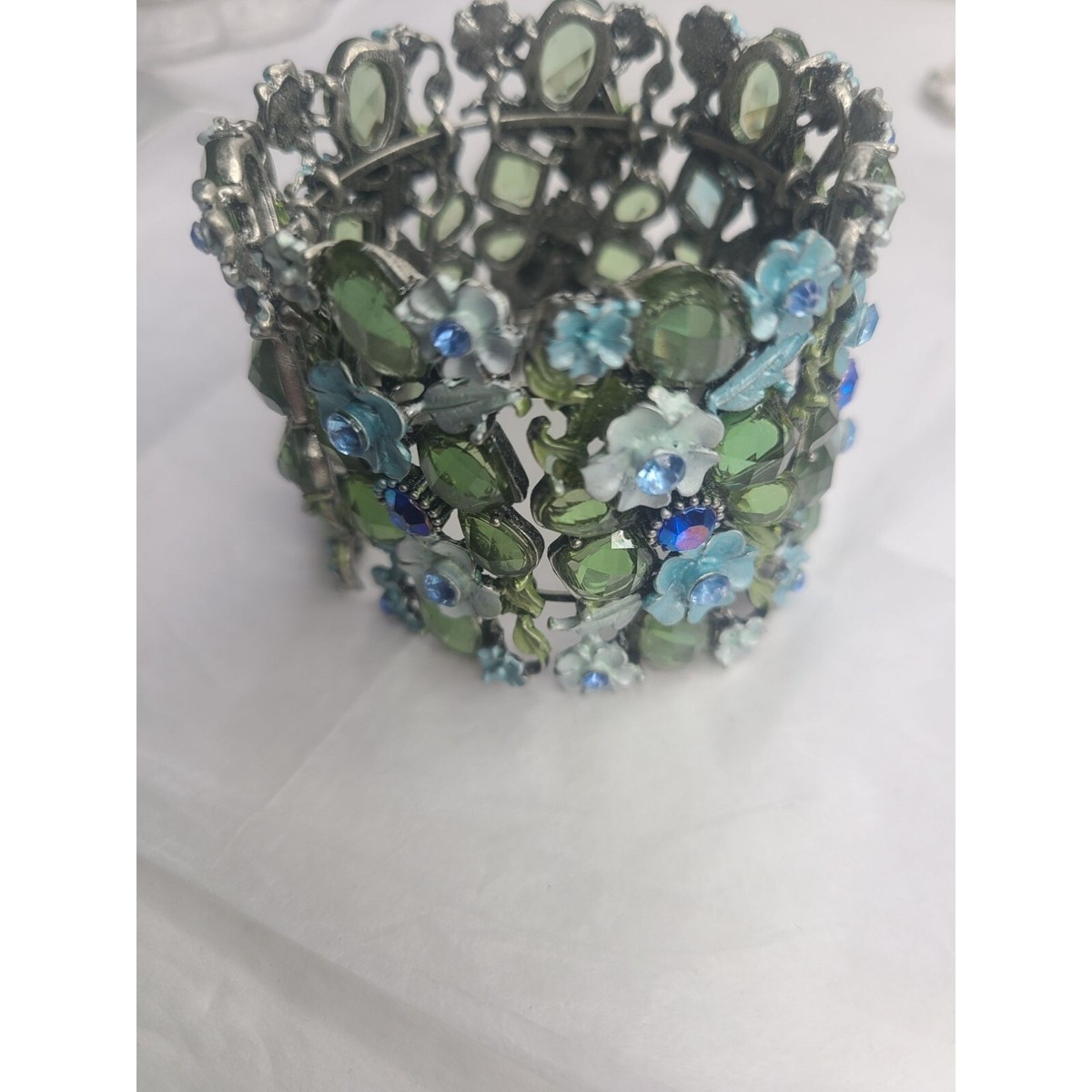Vintage Floral Cuff Bracelet With Blue & Green Stones