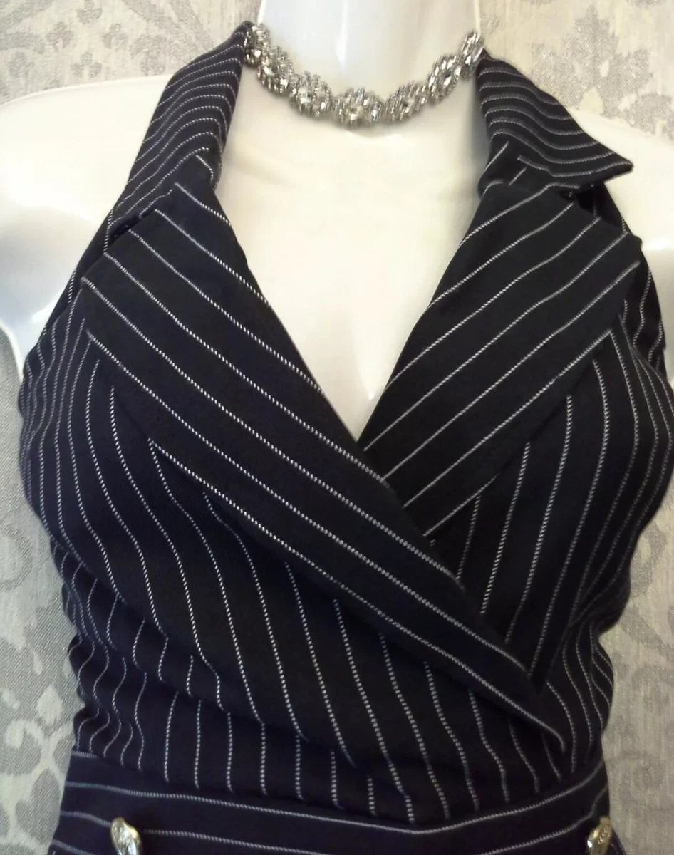 LIPSY SIZE 8 MONO STRIPE HALTER BUTTON WIDE LEG TUX JUMPSUIT CULOTTES BNWT 70