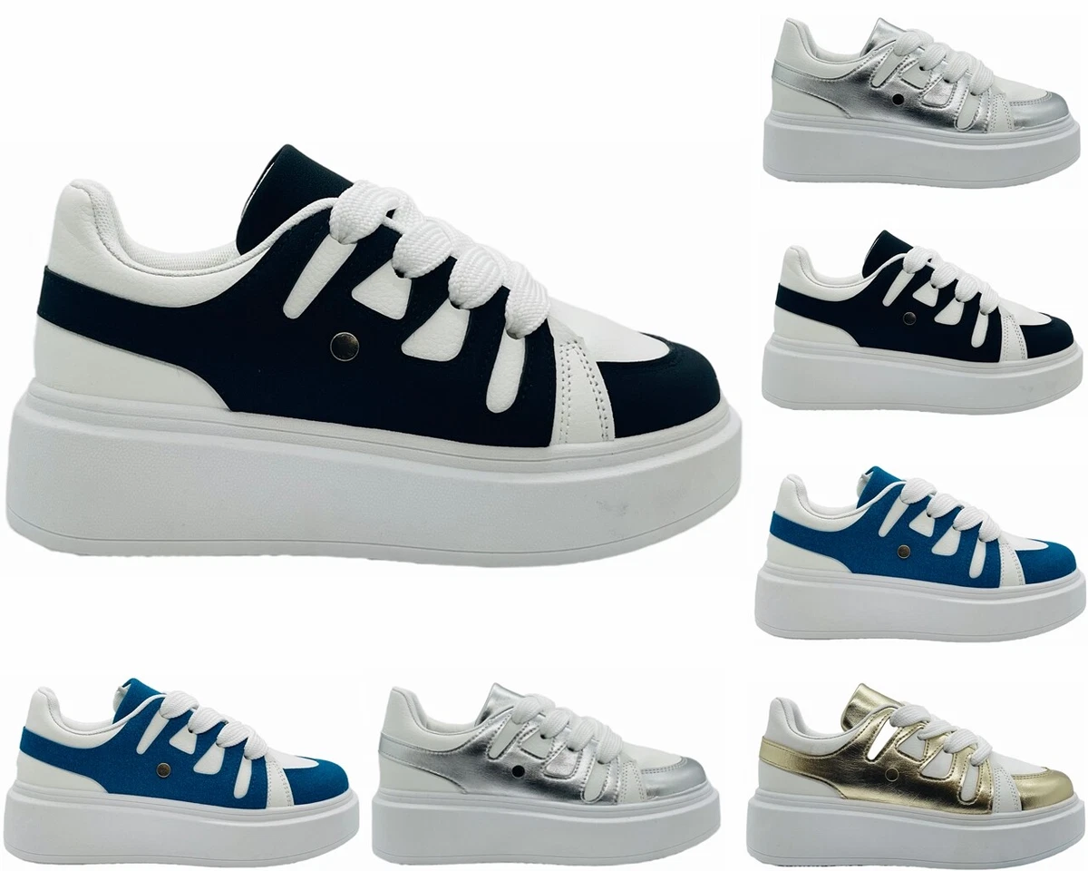 Women s Platform Colourblock Chunky Sole Lace Up Walking Gym Shoes Trainers