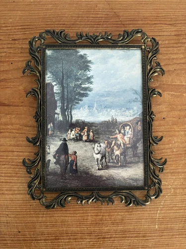 Vintage Ornate Metal Framed Print Italy Horse Pulled Wagon