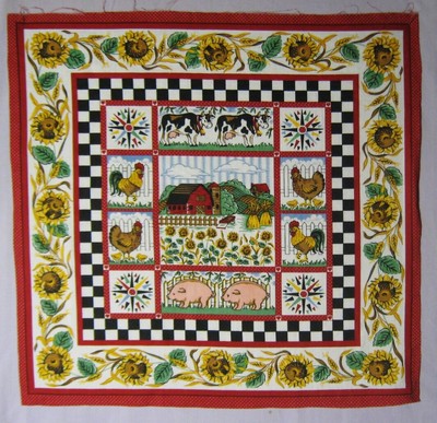 Fabric Cows Farm Bountiful Animals Chickens on Cream Cotton Panel 23/"x42/" 9/" sq