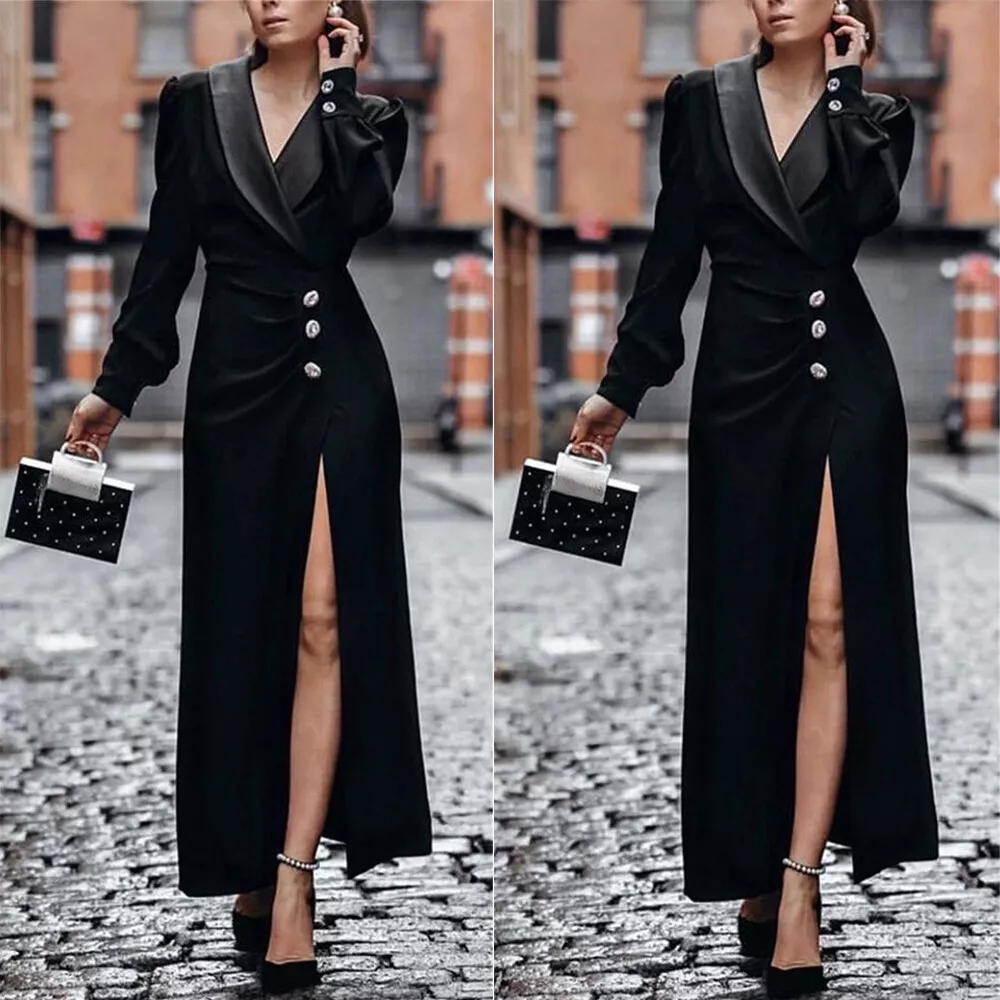 Black Satin Women's Long Jacket Dress Suits Formal Ladies Prom Evening Wear  Coat