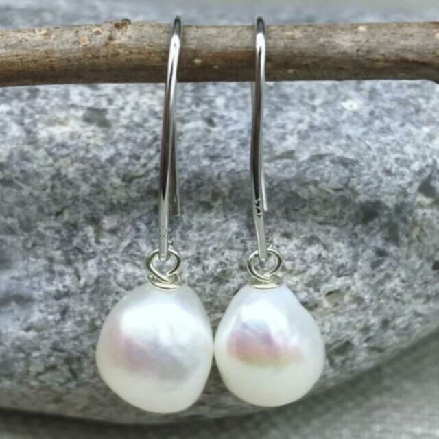 Cultured White Baroque Pearl Earrings Silver Ear Drop Dangle Hook Party