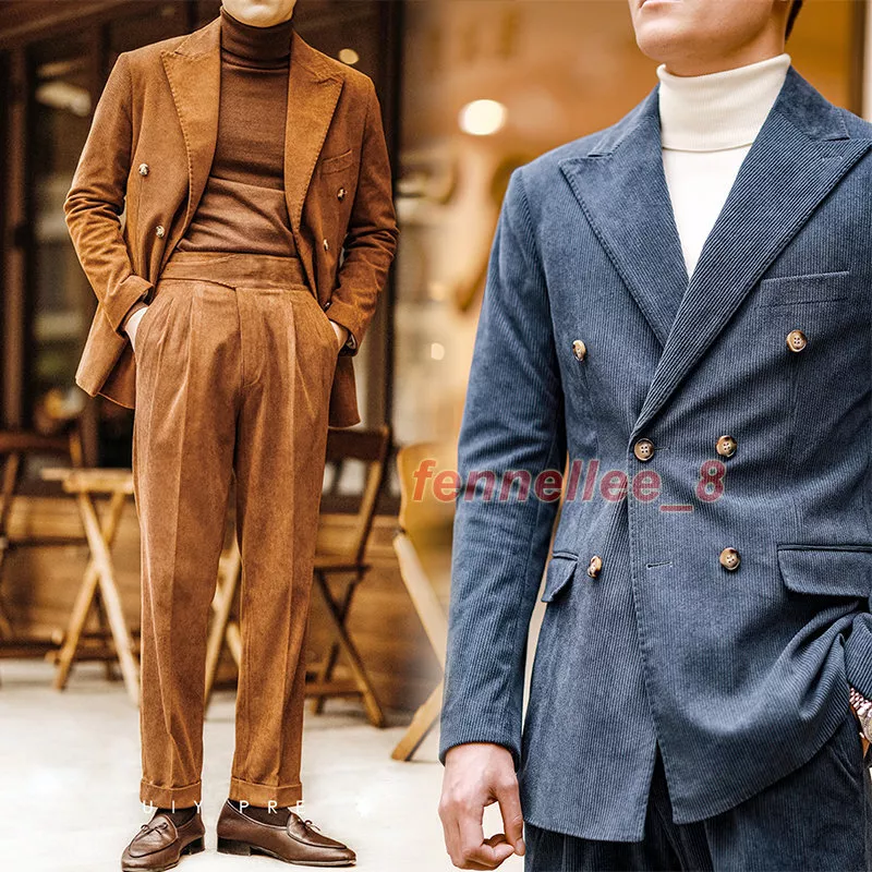 Mens Peak Lapel Corduroy Suit Jacket Casual Business Double-breasted Blazer Coat