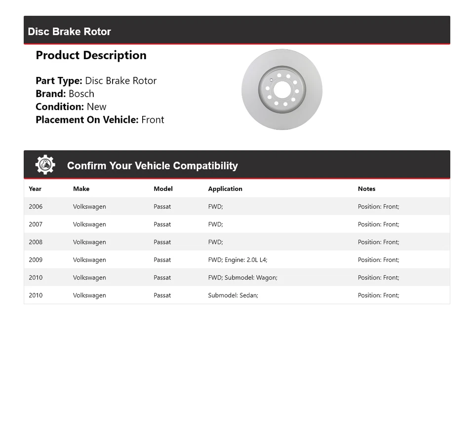 Rotor de freno de disco delantero QuietCast 2007 2008 para Volkswagen Passat Bosch 2006-2010 Foto 2 de 4