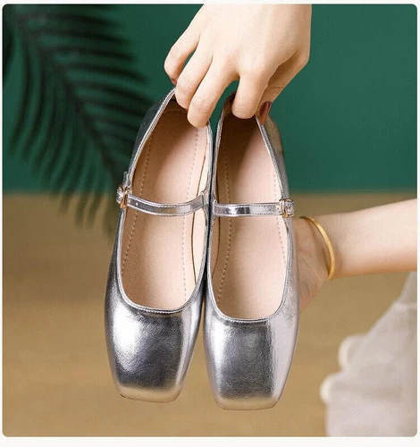 Zapatos de salón para mujer Mary Jane de ballet de tacón plano con correa en el tobillo punta cuadrada - Imagen 18 de 31