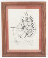 NATIVE AMERICAN  "RAIN DANCER"   PRINT  CHEBON DACON PENCIL DRAWING 2X SIGNATURE