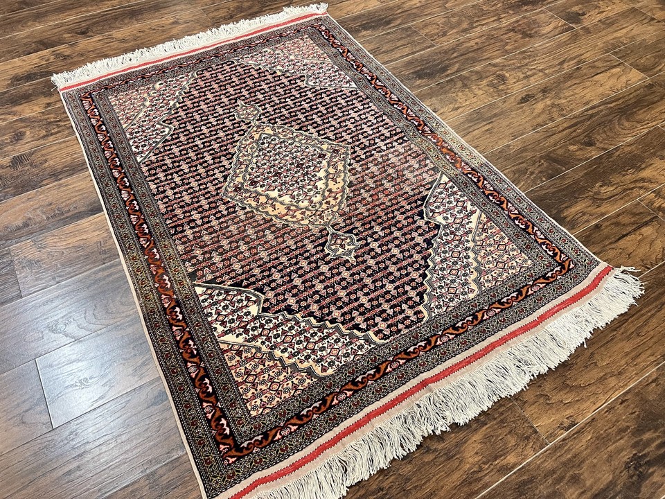 Afghan Rug 4x5 Wool Silk Highlights Fine Handmade Vintage Bidjar Carpet ...