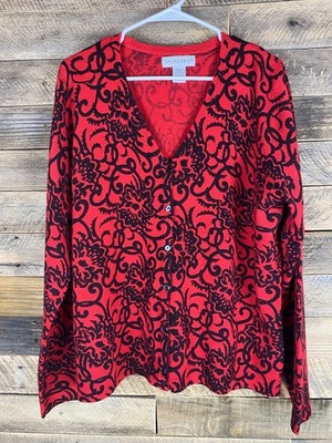 Sag Harbor Women Sz XL Red & Black Floral V-Neck Button Down Long Sleeve Sweater