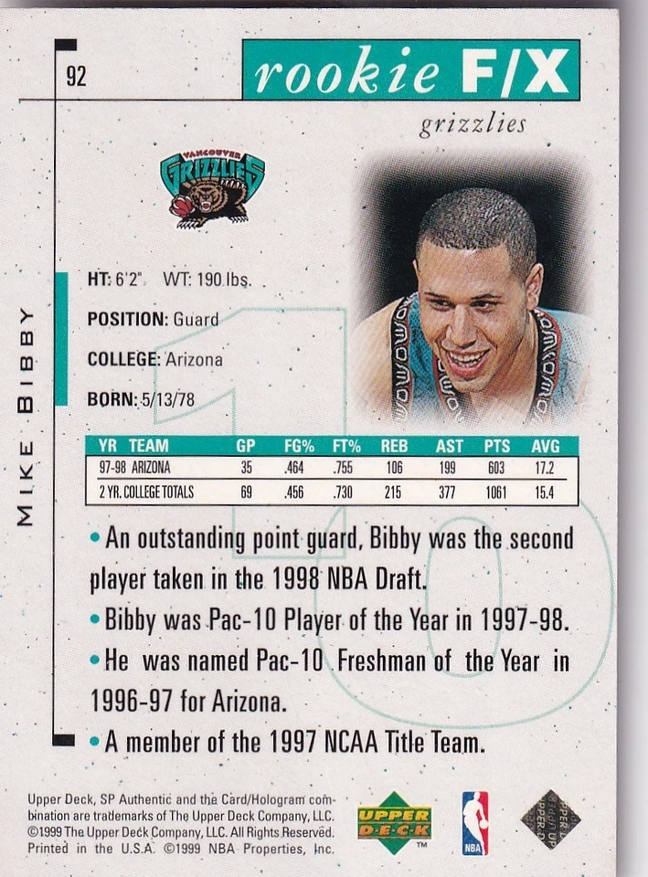 1998-99 SP Authentic #92 Mike Bibby RC 2842/3500 - Image 2 of 2