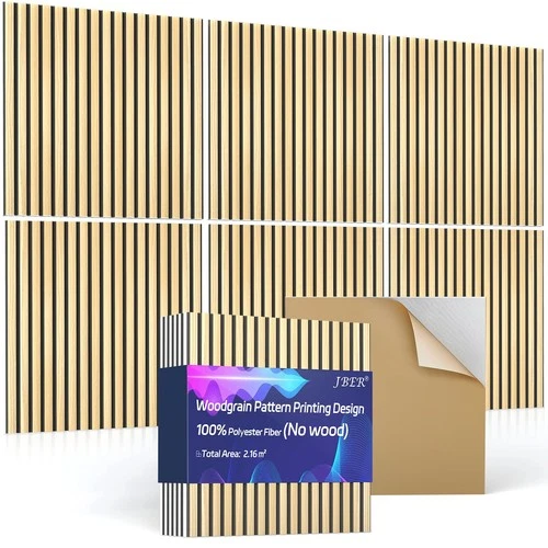 JBER Acoustic Panels 6-Pack Fluted Slat Soundproofing 60x60x1cm – Natural Oak