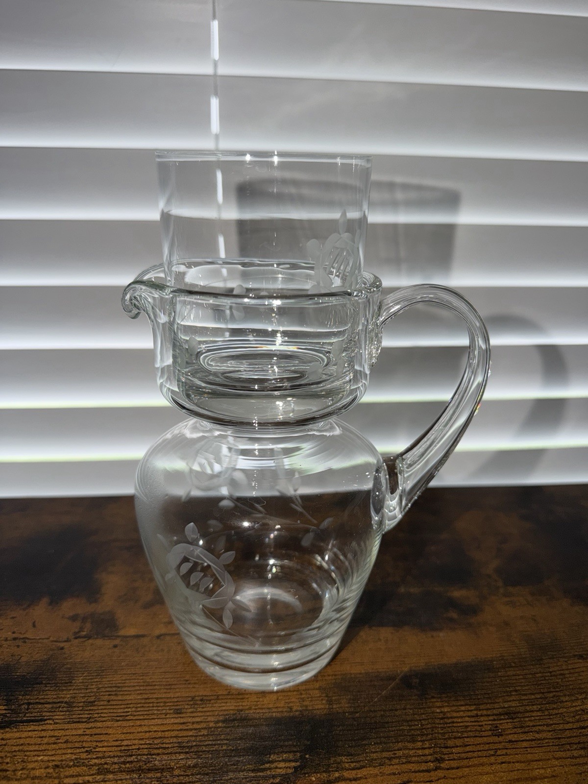 Vintage Glass Tumble Up with Flower Etch, Handle - Bedside Tumbler and Carafe