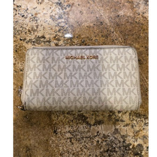 Michael Kors Beige MK Logo Zip-Around Wallet Clutch ID Window Card Holder