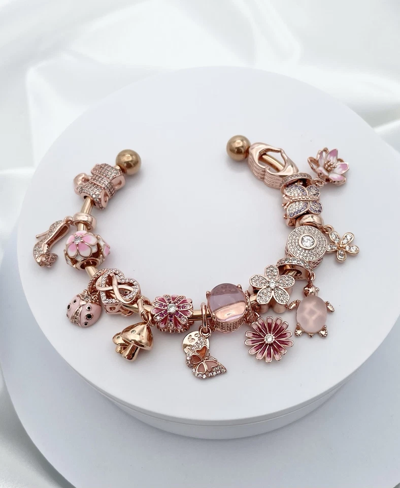 Linx Rose Gold Open Bangle with Rose Gold And Pink Zircon Themed Charms - Image 2 of 4