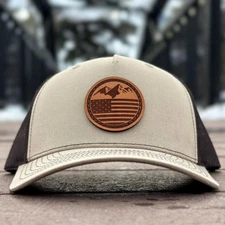 Five Panel Leather Patch Trucker Hat – Mountain Flag Design, Adjustable Outdoor