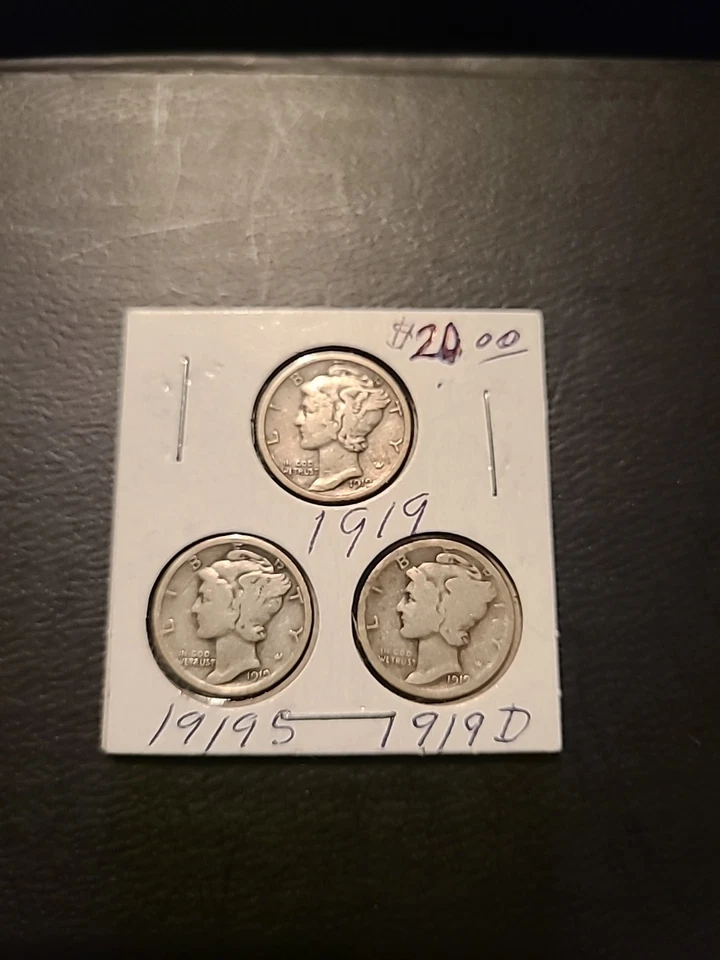 LOTE DE TRES MONEDAS DE DIEZ CENTAVOS DE PLATA MERCURIO 1919-P D S Foto 2 de 4