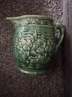 Vintage Nelson McCoy Pitcher Lily Pads with Fish Handle, Green Glazed Stoneware