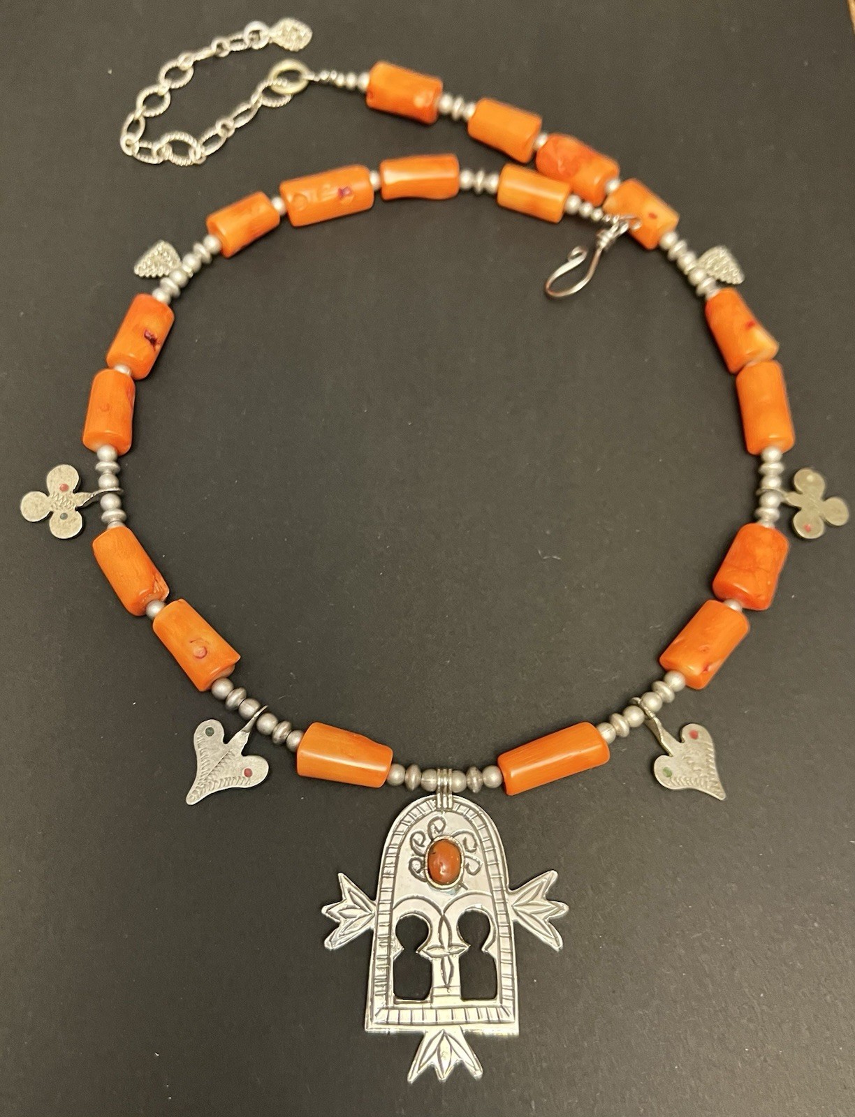 Gates of paradise berber Tuareg pendant & vintage Charms Orange Coral Necklace.