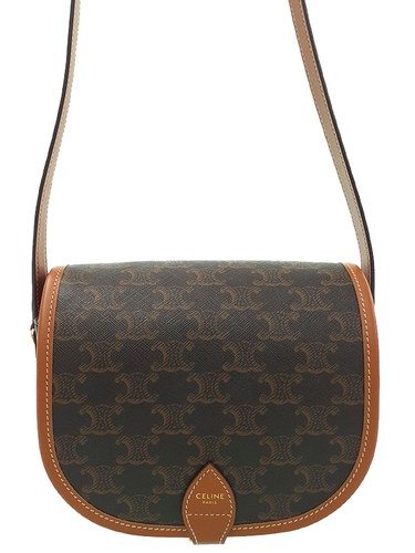 CELINE Trio Canvas Folco Medium Bag Shoulder Dark Brown Coated Leather #T360