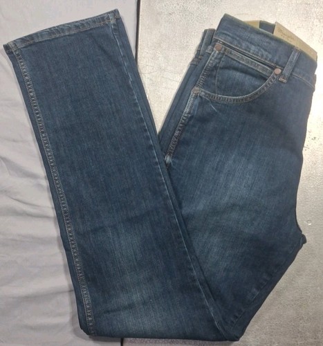 Pantalones de mezclilla para hombre Wrangler retro ajustados rectos elásticos 33x34 lavado medio/oscuro TOTALMENTE NUEVOS - Imagen 9 de 16