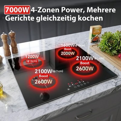 60cm Induktionskochfeld 4 Platten 7000W mit Boost Funktion Touch Bedienung