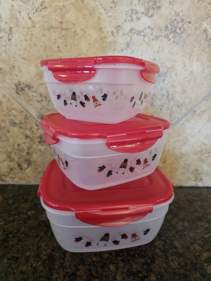 Lock&Lock Christmas Mitten 3 Red Snap On Lids Square Nesting Storage Containers  - Image 4 of 4