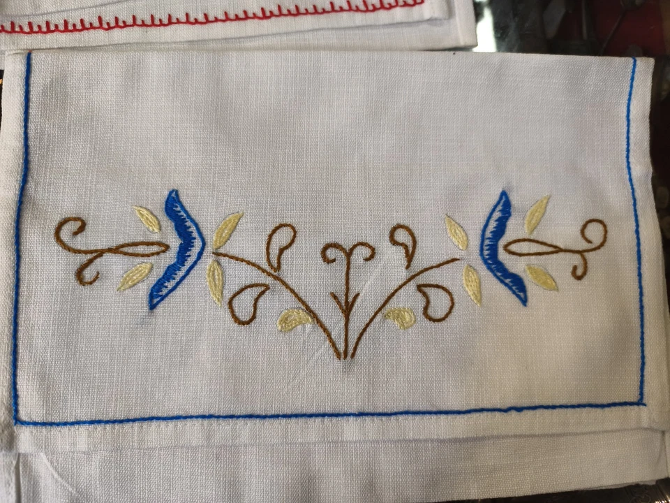 6 POCHETTES PORTE SERVIETTES DE TABLE ANCIENS BRODE MAIN EN LIN COTON - Photo 4/4