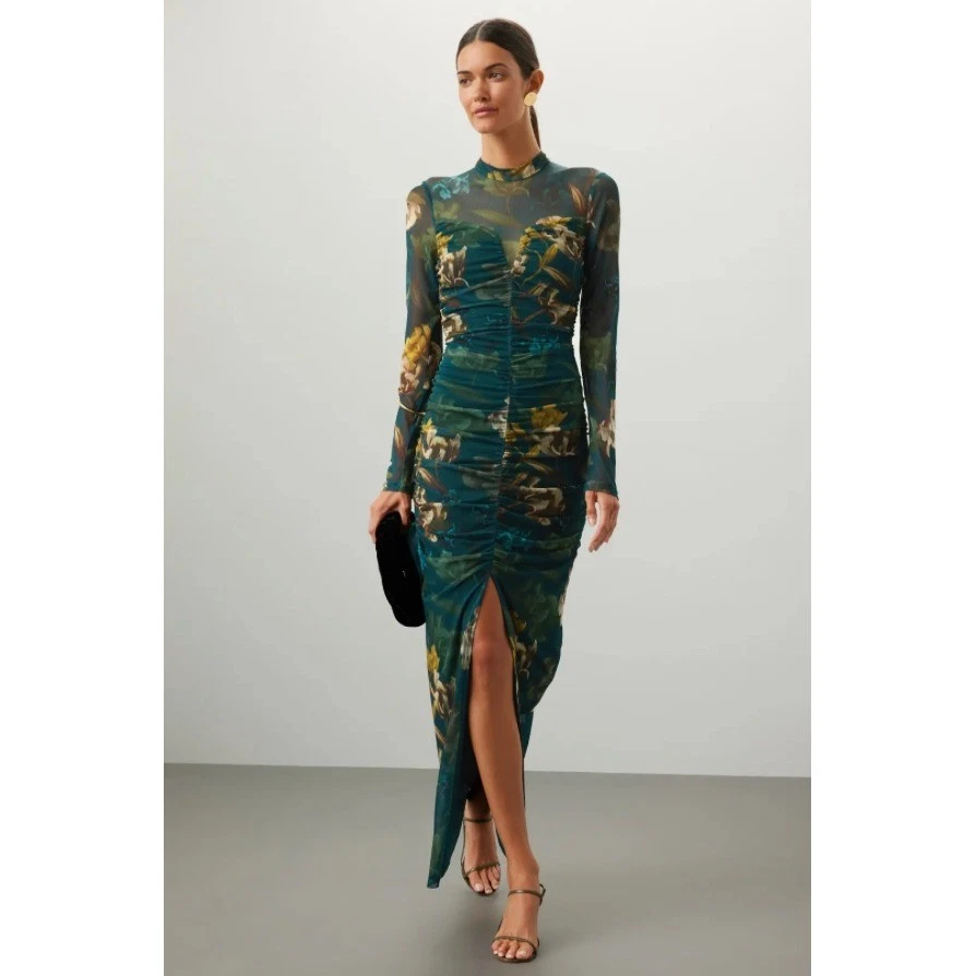 Maxi Vestido Floral Malla Azul Teal Halo Eve Wendy NEGRO Manga Larga Talla 10 Foto 3 de 4