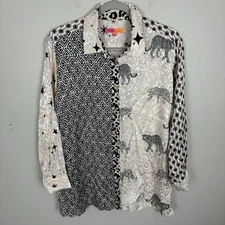 Vilagallo Top Cream Leopard Butterfly Print Shirt Celestial Womens Size 46 Boho