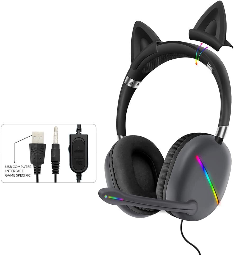 Adult Detachable Cat Ear Gaming Headset Wired 3.5mm LED RGB for PC PS5