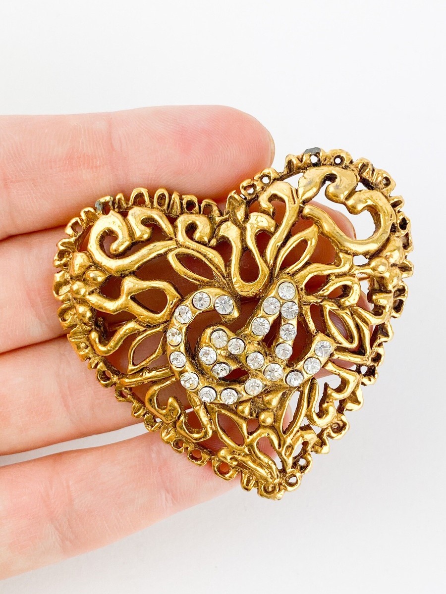 VINTAGE CHRISTIAN LACROIX BROOCH PIN HEART LOGO GOLD TONE