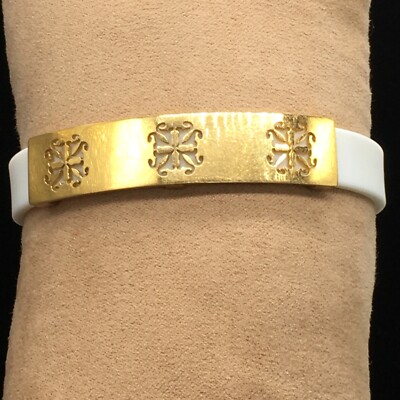 Rustic Cuff Charay Bracelet Logo Slider White Silicone Gold Tone Buckle Logo 7.5