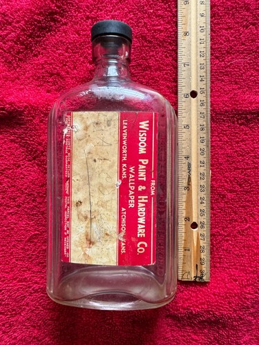 Clear Glass Bottle ~ Wisdom Paint & Hardware Co ~ Leavenworth Kans ~ Collectible - Imagen 3 de 6