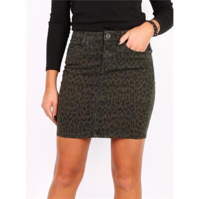 Eng anliegender Damen Jeans Minirock mit Leopardenmuster Khaki #RO509