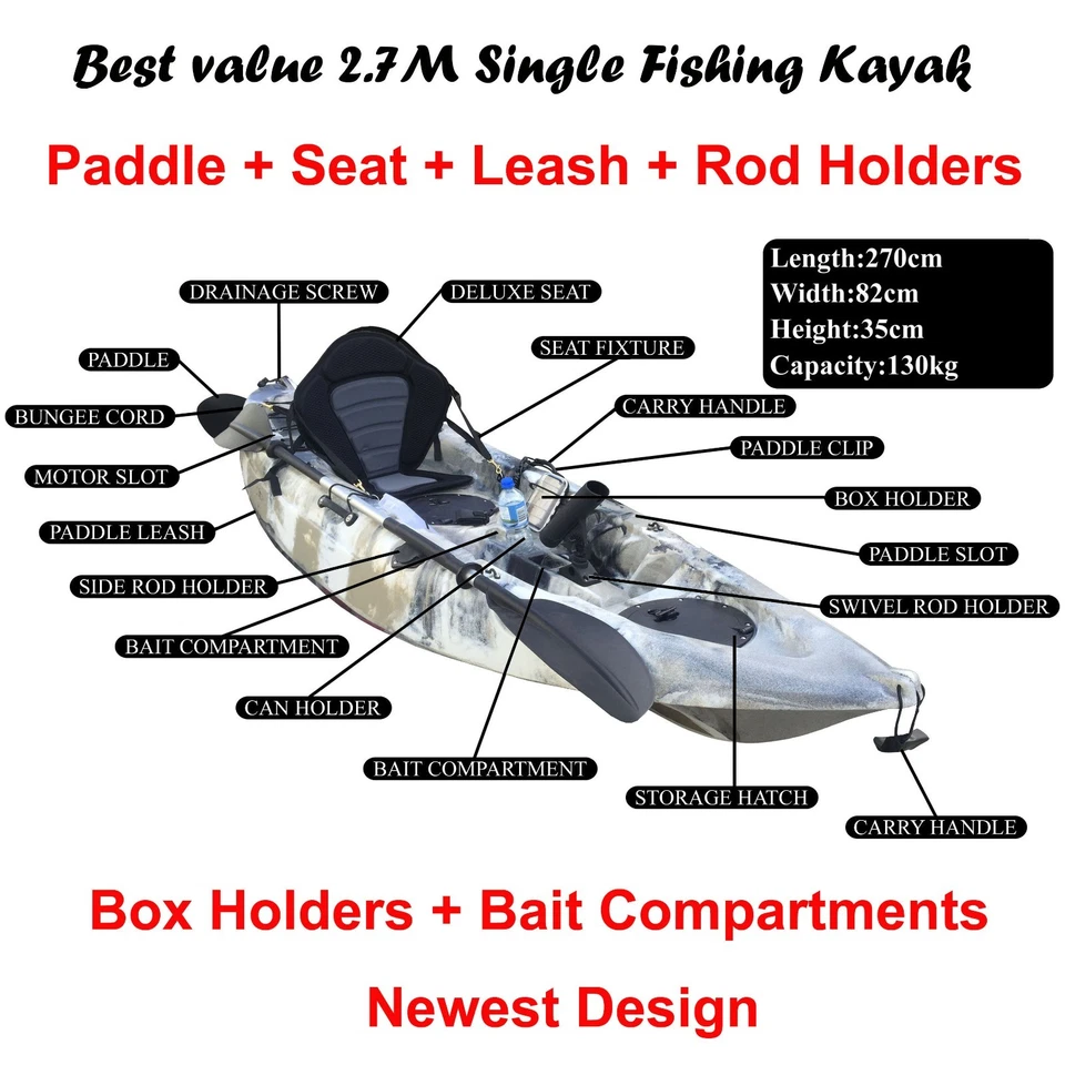 2.7M Fishing Kayak Single Sit-on Canoe 5 Rod Holders Seat Paddle Beige Camo - image 2 of 4