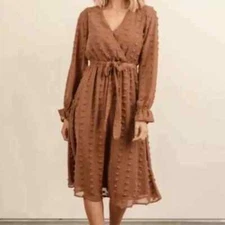 Baltic Born Size Large Brown Camel Swiss Paisley Dot Midi Long Sleeve Dress L