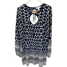 Band of Gypsies Women’s Small Shell Print NAVY/SAND Tie Neck Dress Boho Bohemian