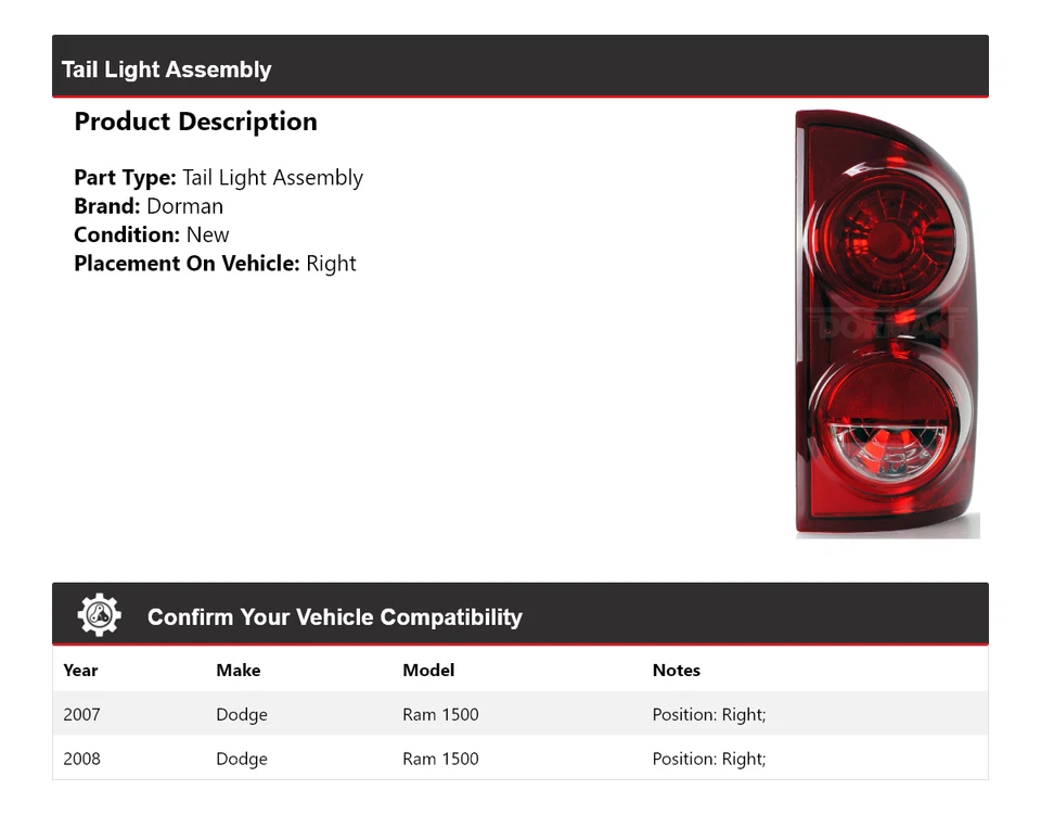 Conjunto de luz trasera derecha para Dodge Ram 1500 Dorman 2007-2008 Foto 2 de 4