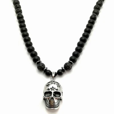 Halskette Onyx Lava Edelstahl totenkopf skull Rocker Necklace Bikerkette - Bild 1 von 4