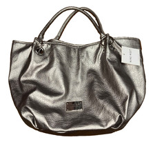 Nine West Metallic Gray Pebbled Faux Leather Slouchy Hobo Tote Double Handles
