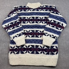VTG Hand Knit Wool Sweater Mens L White Blue Fair Isle Nordic Chunky Fisherman
