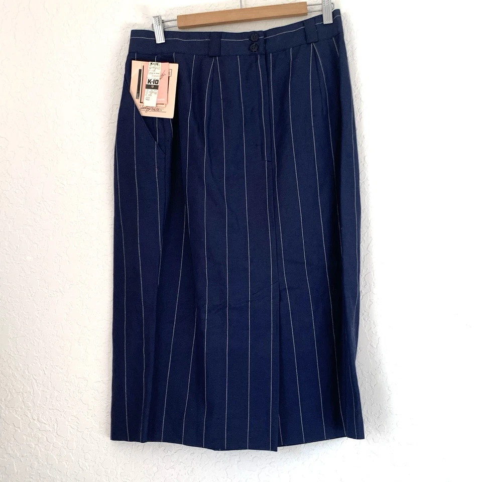 Vintage Deadstock Jaclyn Smith Midi Skirt Women 16 Linen Navy Pinstripe Career - Image 2 of 4