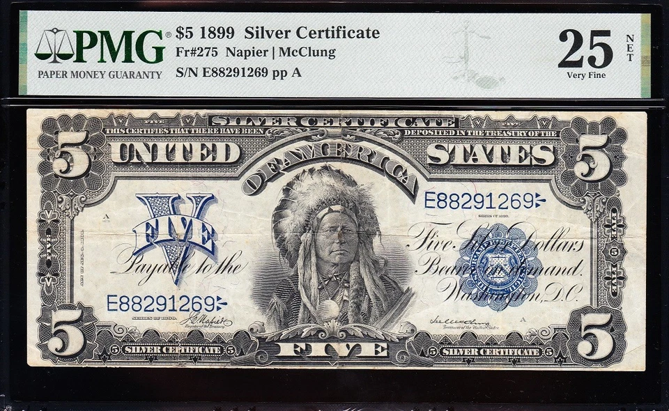 Bold & Crisp VF graded 1899 $5 "INDIAN CHIEF" Silver Certificate PMG 25/n! 91269 - Image 2 of 3