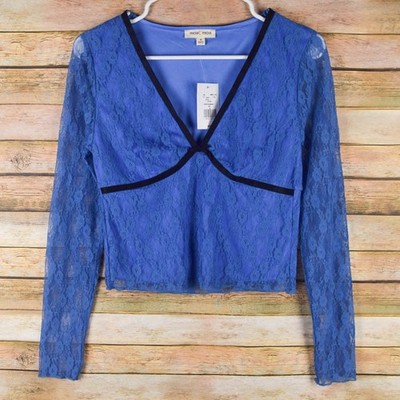 Moa Moa Juniors M Blue Lace Vneck Crop Top Babydoll Sheer Long Sleeve Whimsigoth