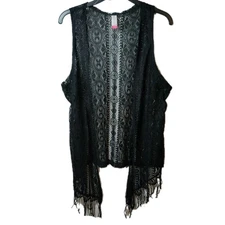 No Boundaries Sz L Black Crochet Lace Sleeveless Open Front Vest W/Fringe Boho 