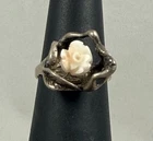 Vintage Carved Angel Skin Coral White Pink Rose Sterling Silver  Ring Size 4.5