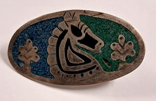 TAXCO STERLING BLUE  GREEN HORSE INLAY TURQUOISE BELT BUCKLE 2.6" in 24.73gr