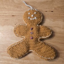 Handmade Knitted Tan Stuffed Gingerbread Man 7 1/2 x 5 1/2 Inch Ornament