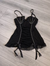 BNWOT Vintage Ann Summers Black Mesh & Diamonte Ruched Cami Suspender Size 8-10