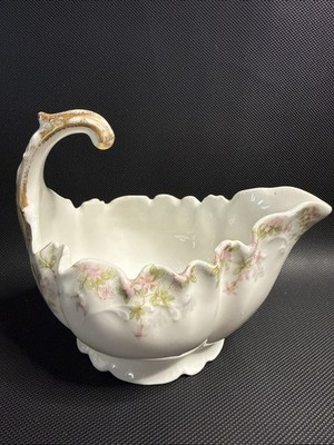 Antique A Lanternier Limoges Gravy Sauce Boat  c1900 Anchor Stamp French Floral